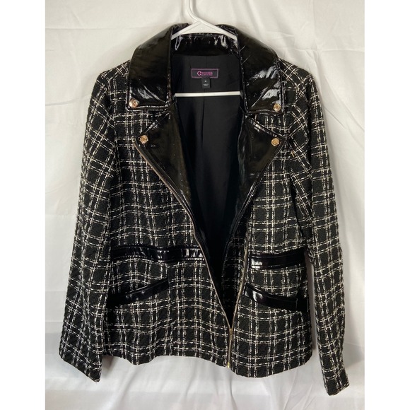 C Wonder Christian Siriano Tweed Moto Jacket Black White Faux Leather Trim M - Picture 12 of 12